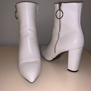 White Chunky Block Heel Ankle Bootie Vegan 9.5